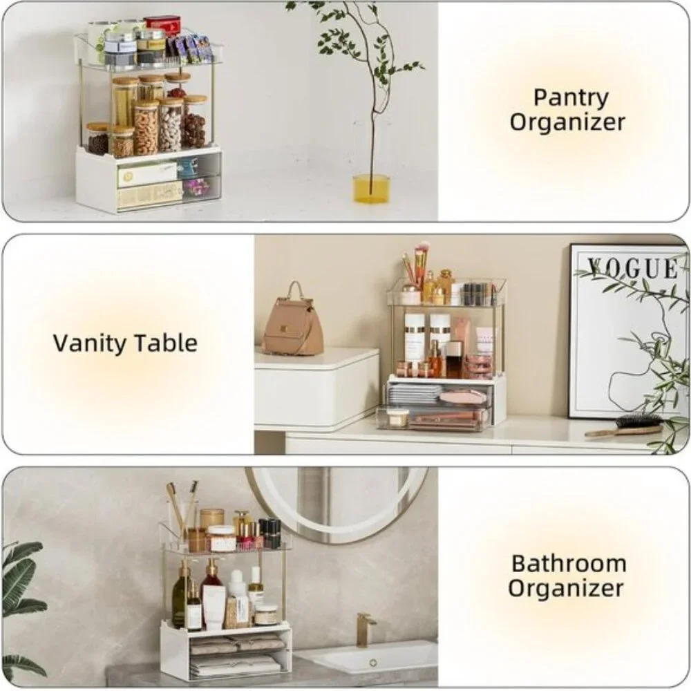 New 4-Tier Clear Bathroom Organizer, 2-Drawer Makeup & Skincare Vanity Storage